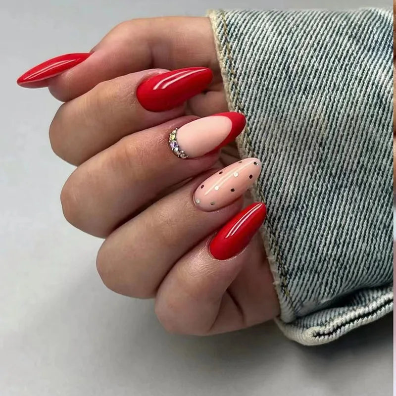Medium Acrylic Almond Fake Nails – Removable Press-On, French Style, Europe/USA Design