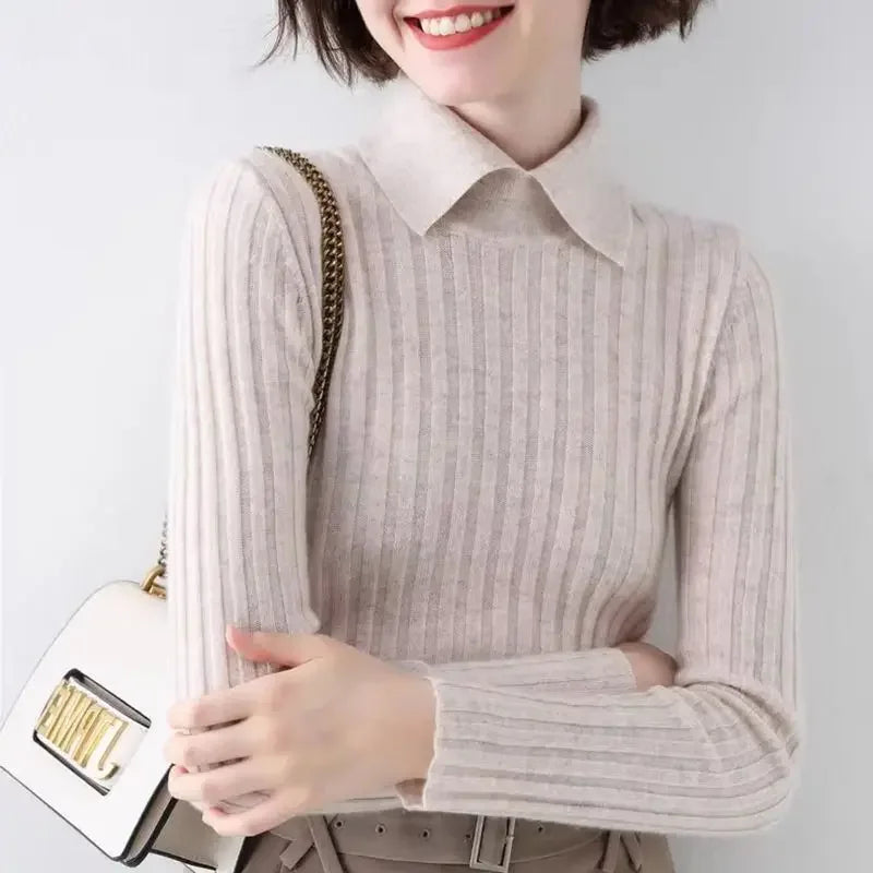 Spring/Autumn French-Style Slim Polo Collar Women's Sweater
