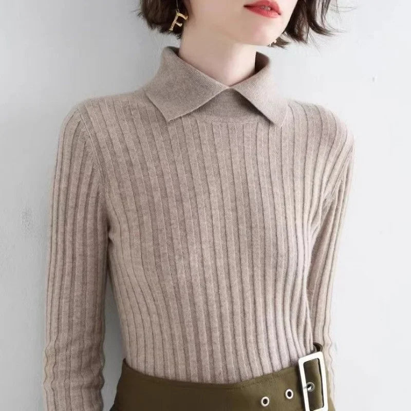 Spring/Autumn French-Style Slim Polo Collar Women's Sweater