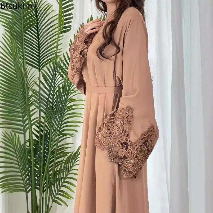 Plus Size Dubai Abaya – Lace Floral Long Sleeve Kaftan Dress for Muslim Women