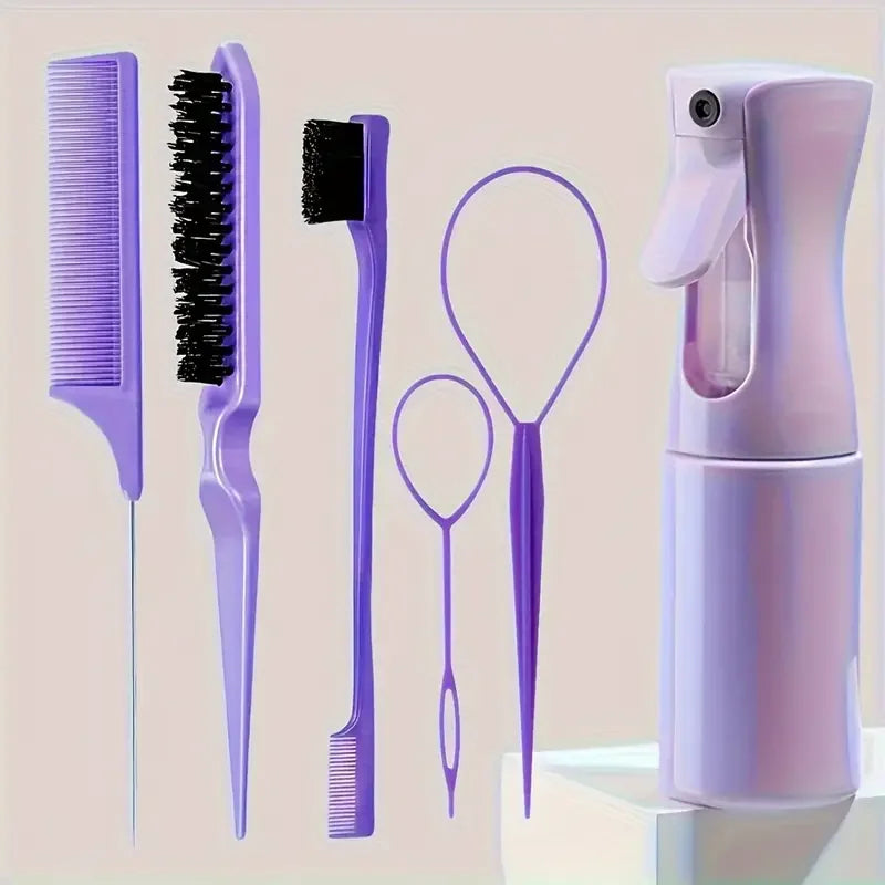6PCS Hair Brush Set – Spray Bottle, Braiding Loop, Rat Tail Comb, Teasing & Edge Control Brushes