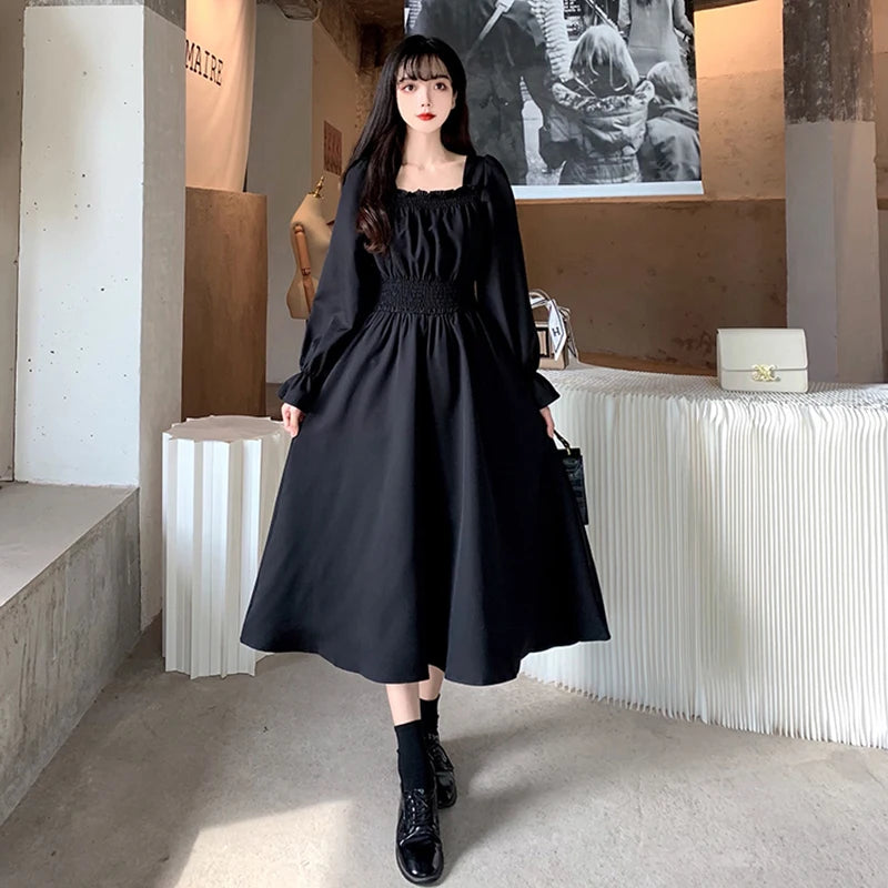 Women Black Square Collar Long Dress Elegant Retro Loose Spring/Autumn