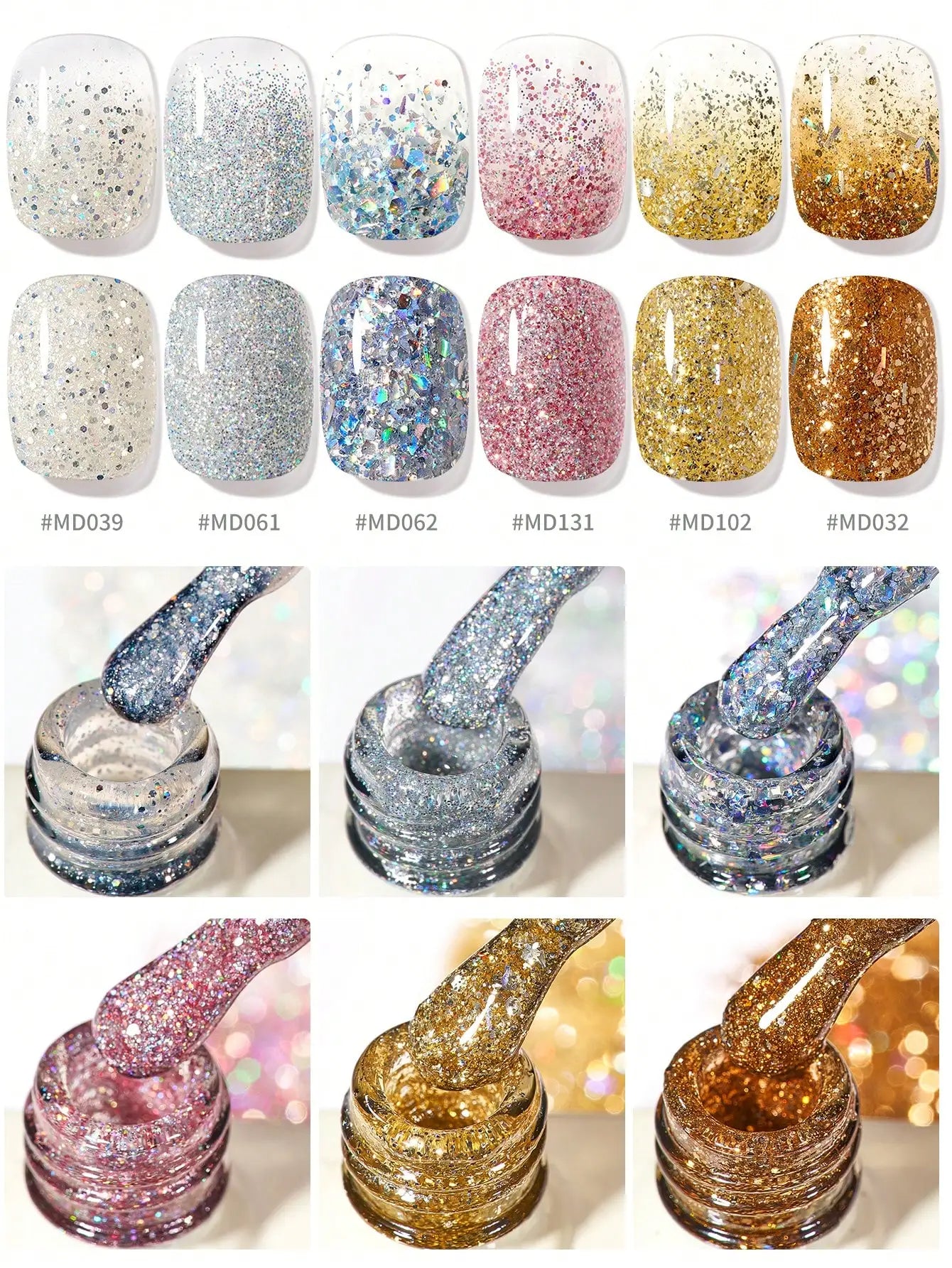 6PCS Holographic Glitter Gel Polish – 15ml, Sparkling, Peelable, UV/LED, DIY Home Use