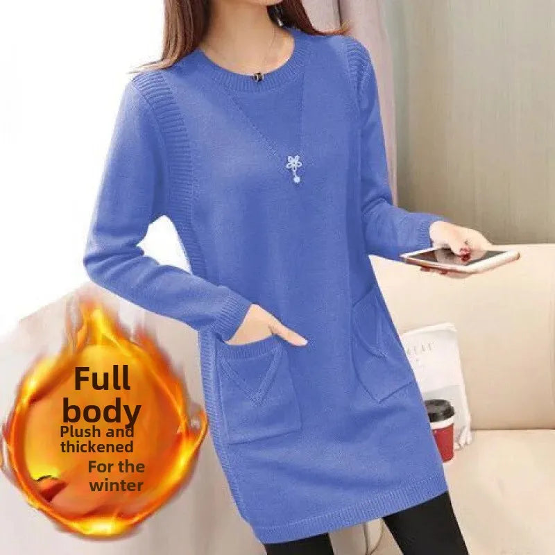 Pull Femme Tricot Mi-Long – Coupe Ample, Doublé Polaire, Style Coréen