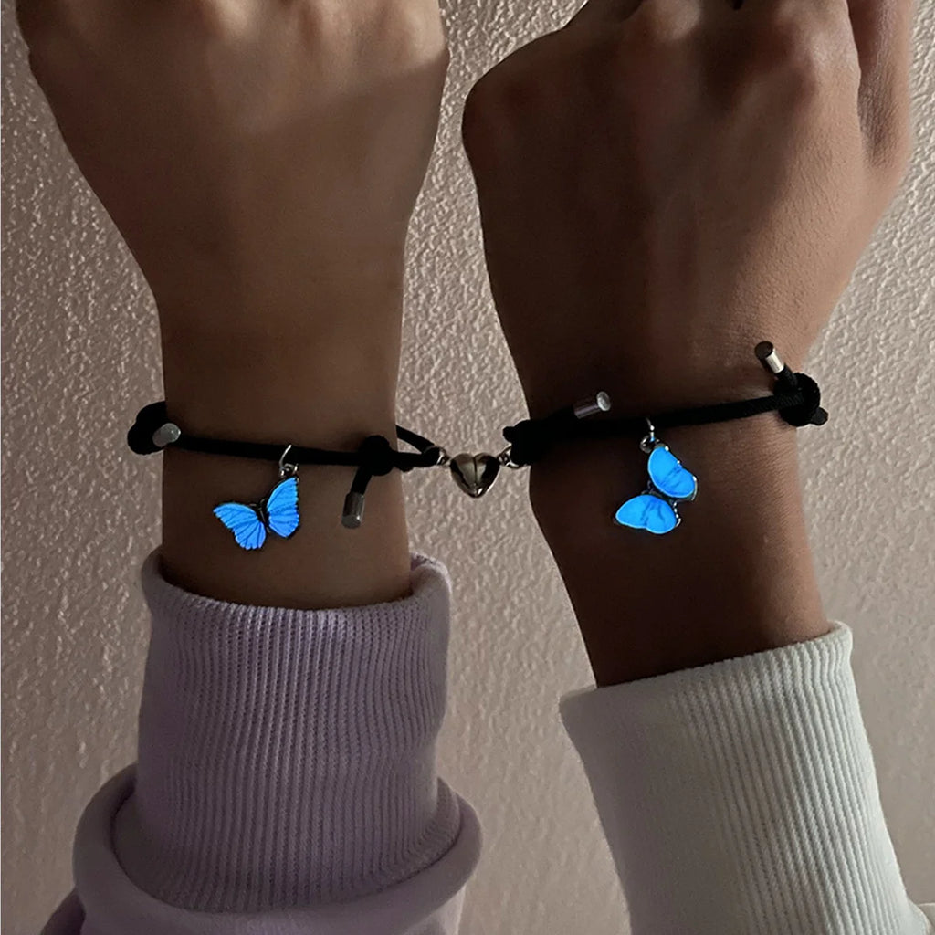 Butterfly Luminous Pendant Bracelet Set – Couples Black Rope