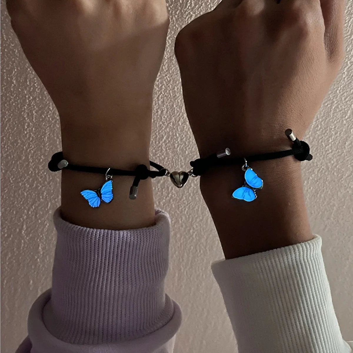 Butterfly Luminous Pendant Bracelet Set – Couples Black Rope