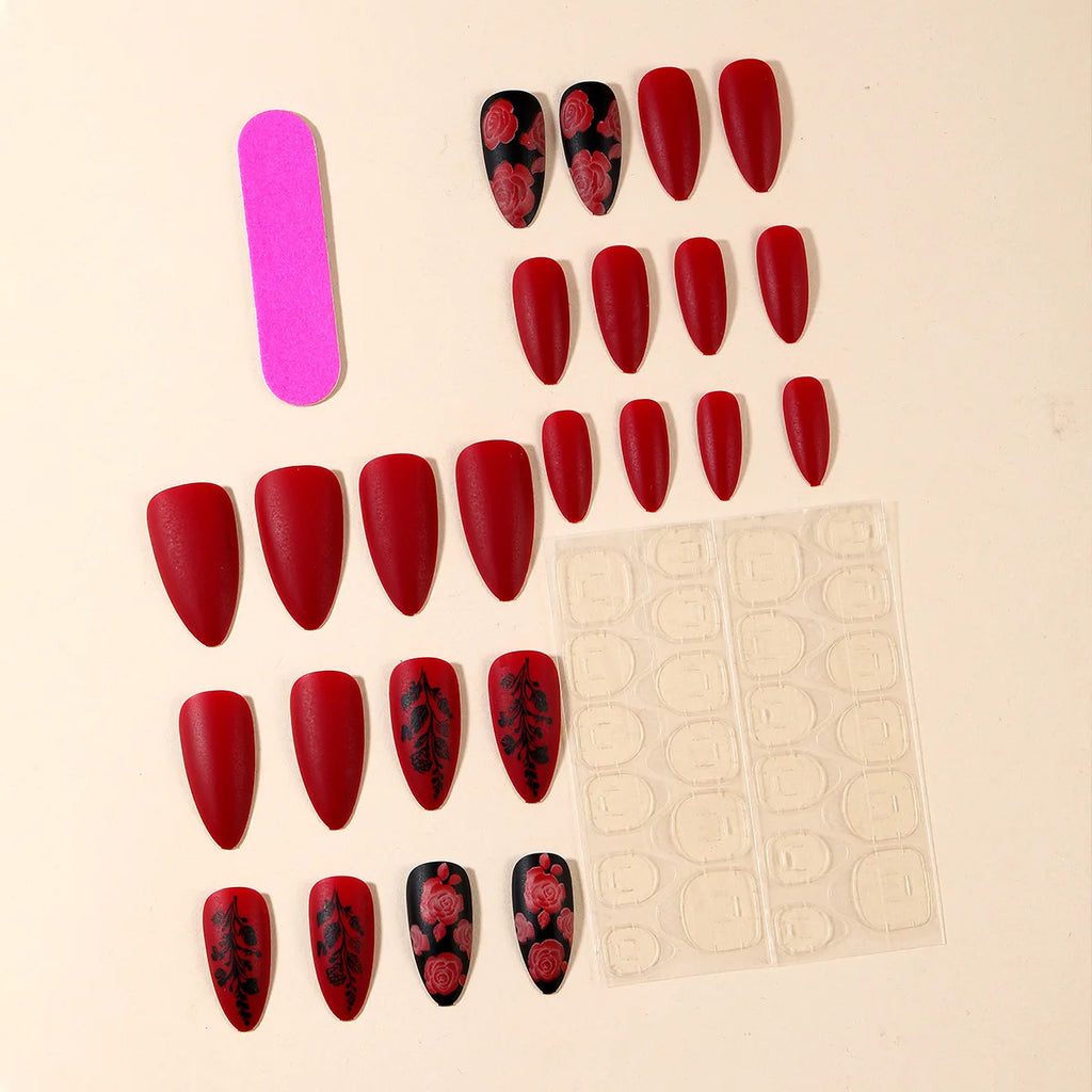 24pcs Matte Almond Press-On Nails with Rose Leaf Design