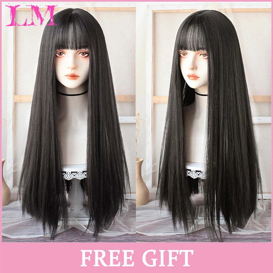 LM Cosplay Wig – 24" Long, Straight Pink, Bangs, Heat-Resistant