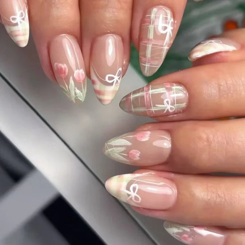 24pcs Matte Almond Press-On Nails with Rose Leaf Design