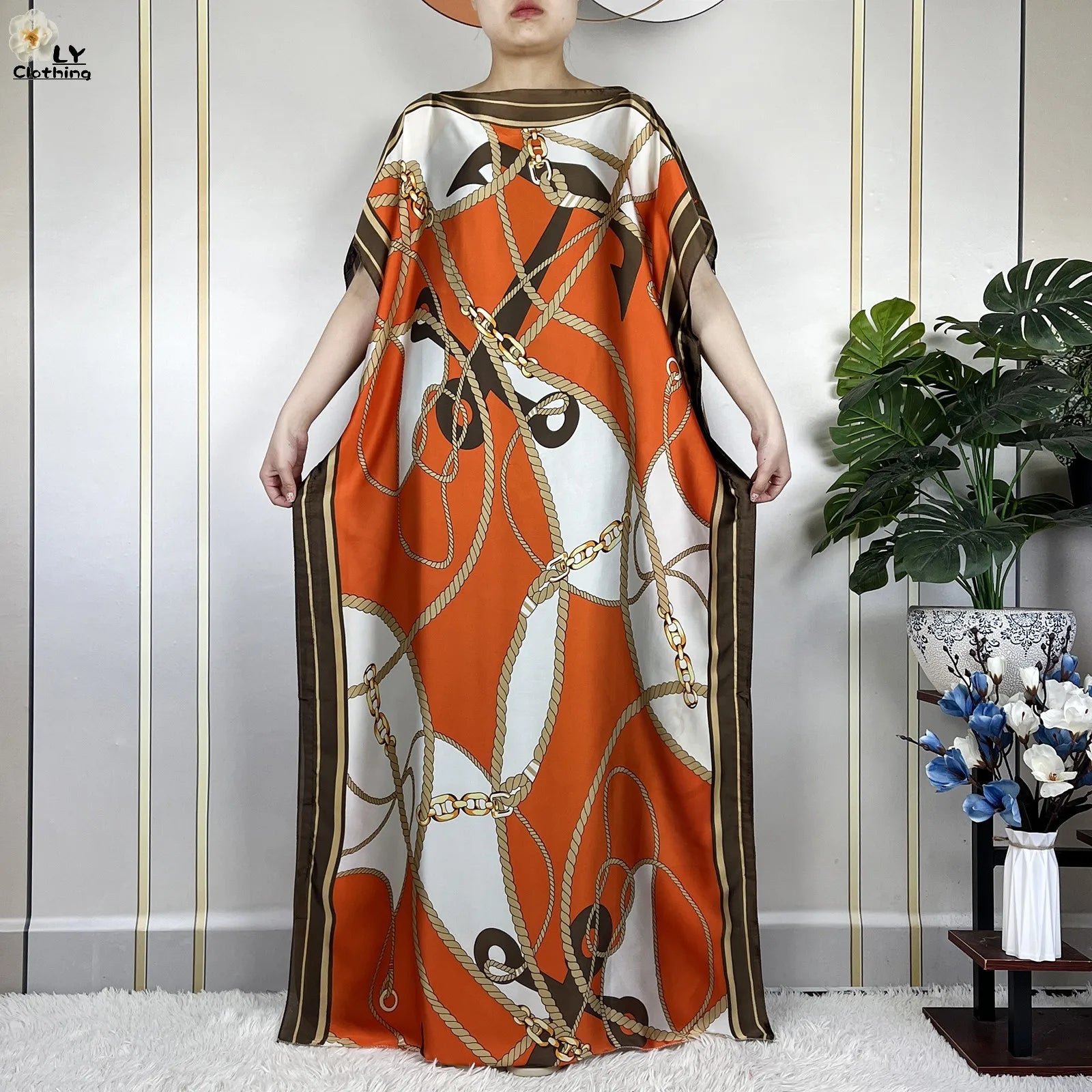 Dubai Printed Silk Maxi Dress with Turban – Loose Casual Islamic Fashion for Women