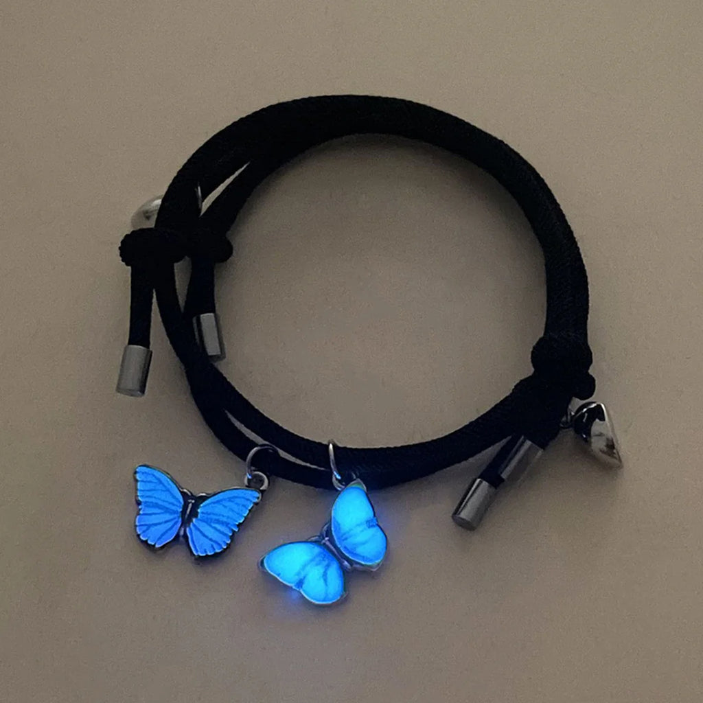 Butterfly Luminous Pendant Bracelet Set – Couples Black Rope