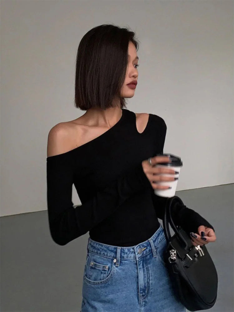 Women’s Off-Shoulder Long Sleeve Crop Top – Slim Fit Hollow Out Tee