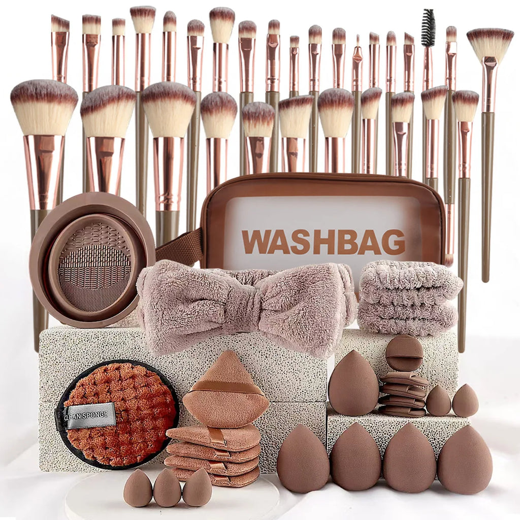 56PCS Makeup Brush Set – Full Face, Eyeshadow Blending, Includes Beauty Sponge, Chocolate Color