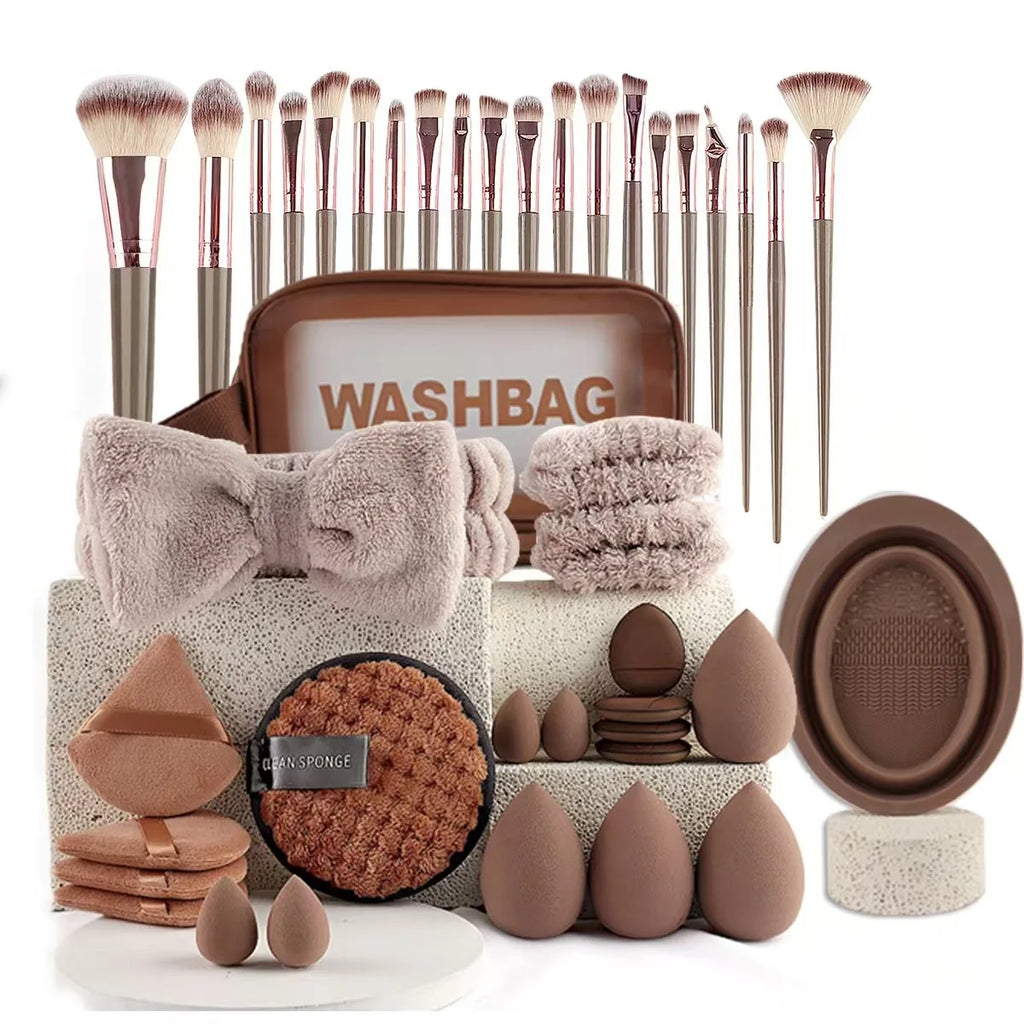 56PCS Makeup Brush Set – Full Face, Eyeshadow Blending, Includes Beauty Sponge, Chocolate Color