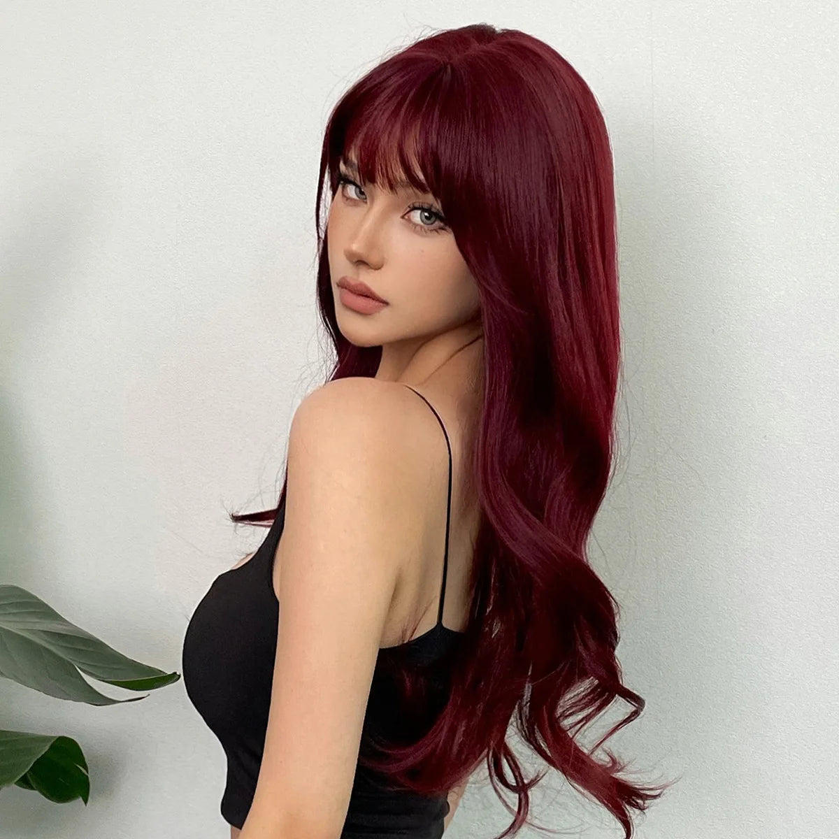Wine Red Synthetic Wig – Long Curly, Big Waves, Bangs, Heat-Resistant, Full Head