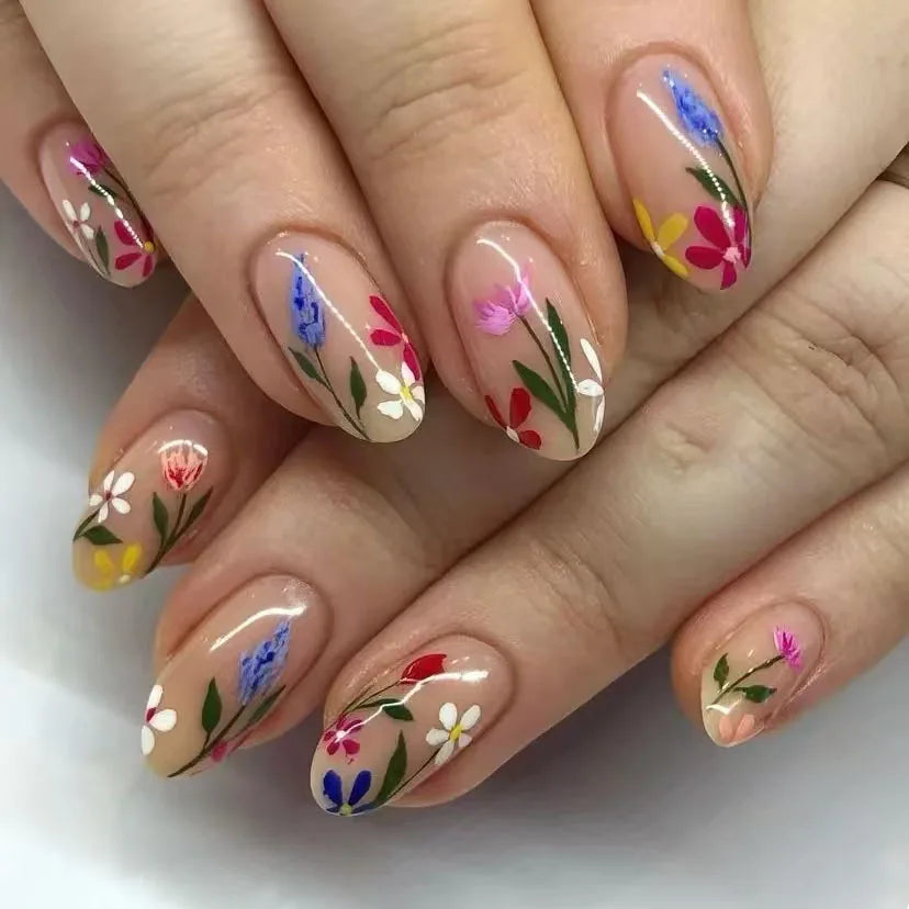 24pcs Matte Almond Press-On Nails with Rose Leaf Design