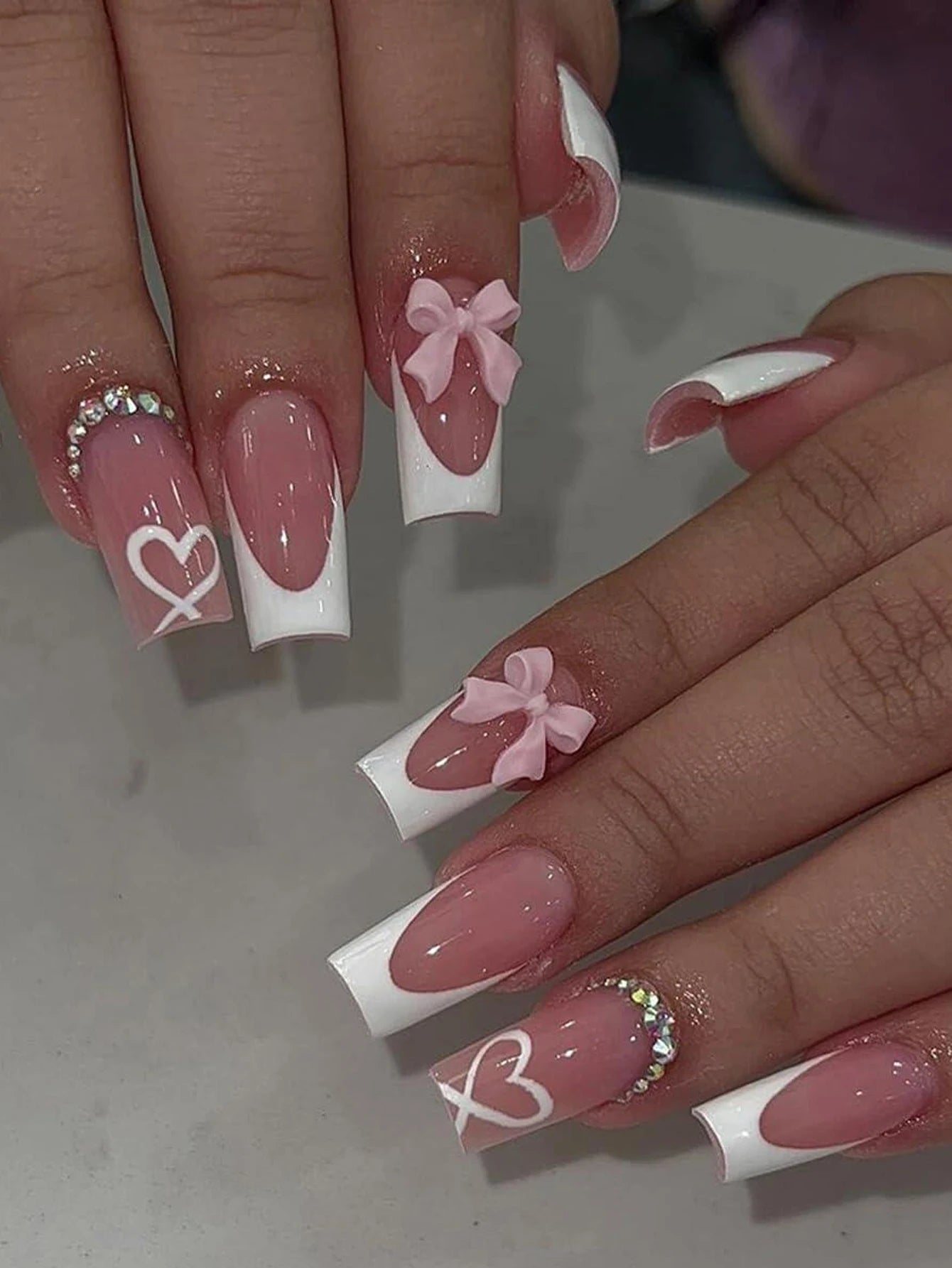 ARTAUG 24PCS Press-On Nails – Medium Stiletto, Pink Bowknot, French Trim, Full Cover