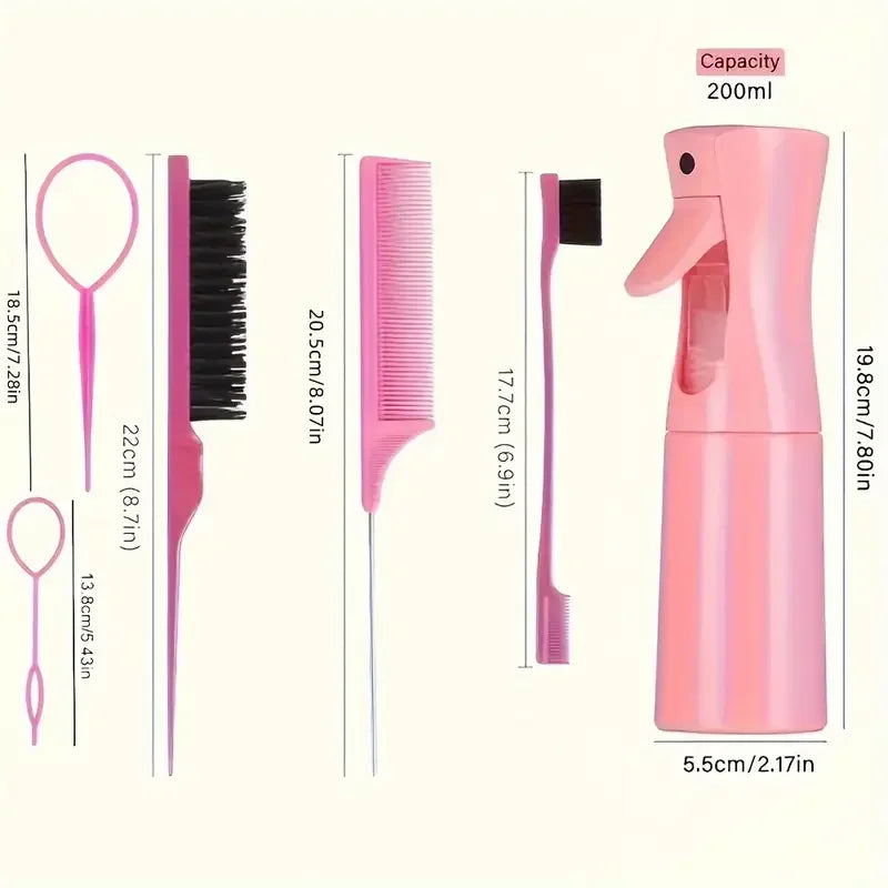6PCS Hair Brush Set – Spray Bottle, Braiding Loop, Rat Tail Comb, Teasing & Edge Control Brushes