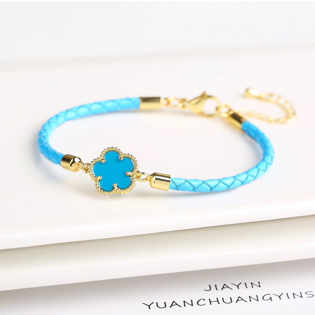 Genuine Leather Five-Leaf Flower Charm Bracelet – Women’s Fashion