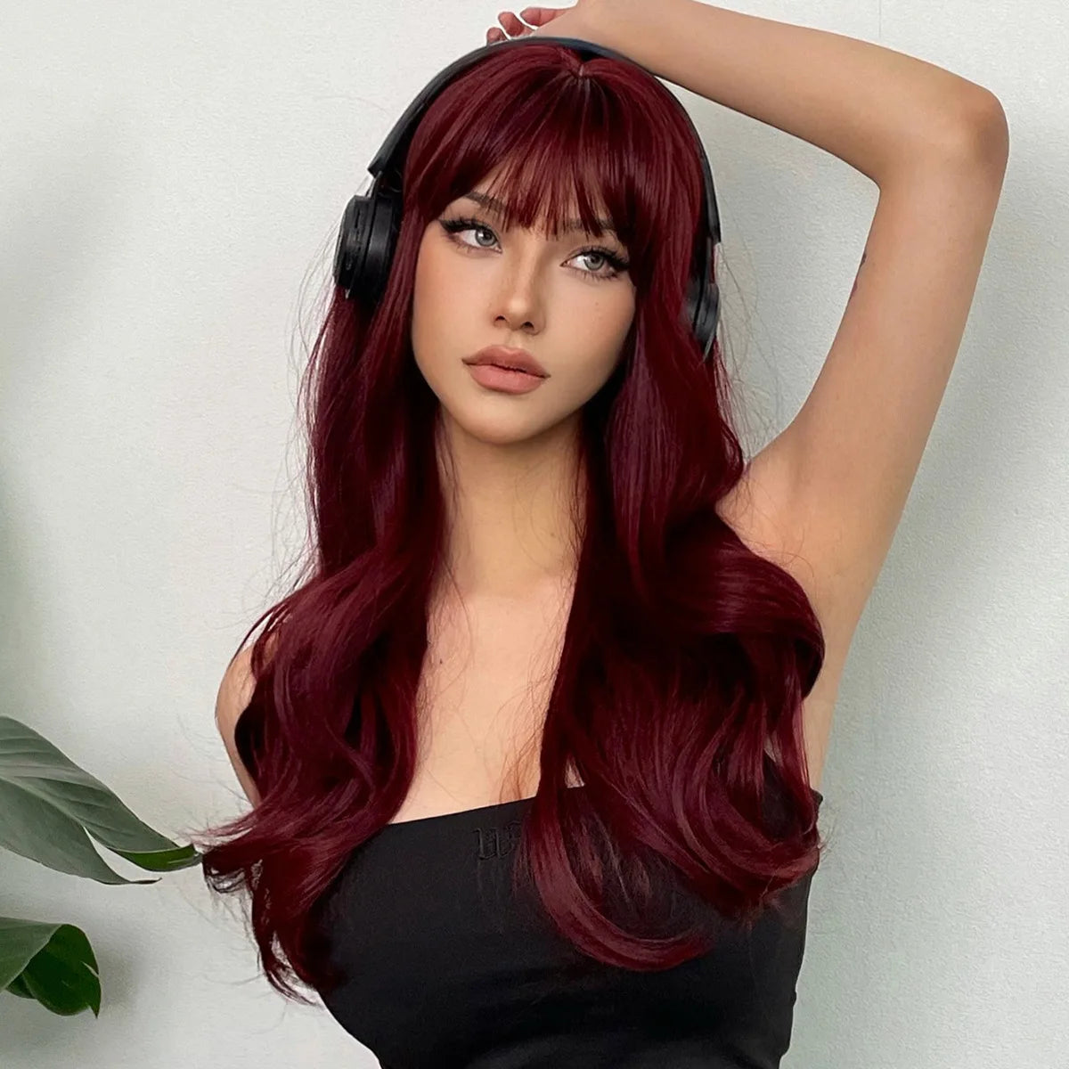 Wine Red Synthetic Wig – Long Curly, Big Waves, Bangs, Heat-Resistant, Full Head