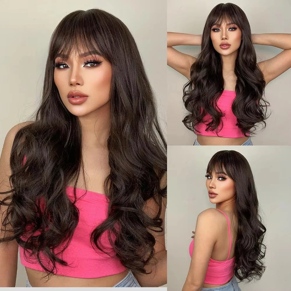 Black Synthetic Wig – Long Wavy, Middle Part, Heat-Resistant, Party & Daily Use