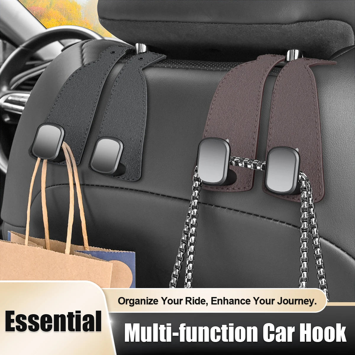 Multi-Functional Car Seat Headrest Hooks – Back Seat Organizer for Bags & Coats