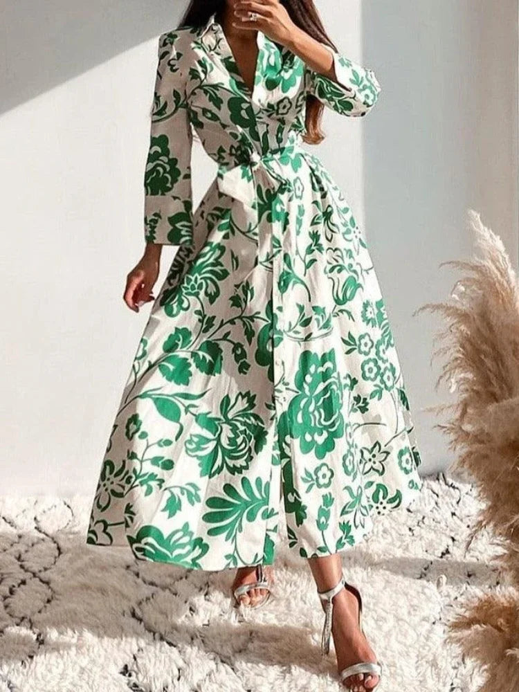 Autumn Women's Printed Lapel Shirt Dress