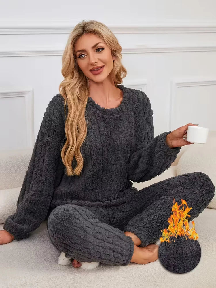 Women’s Autumn-Winter Fleece Pajama Set – Long Sleeve & Pants