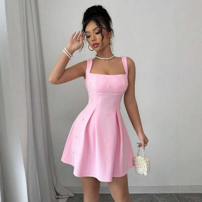 Summer Women Pink Pearl A-Line Dress