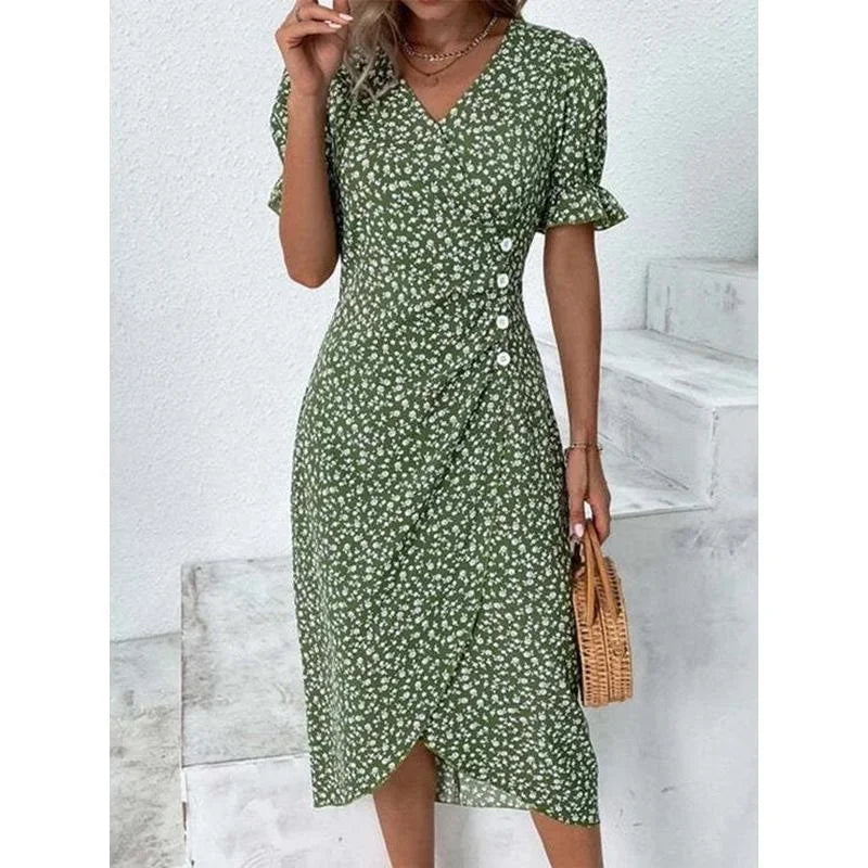 Floral Pleated Midi Dress with V-Neck & Puff Sleeves