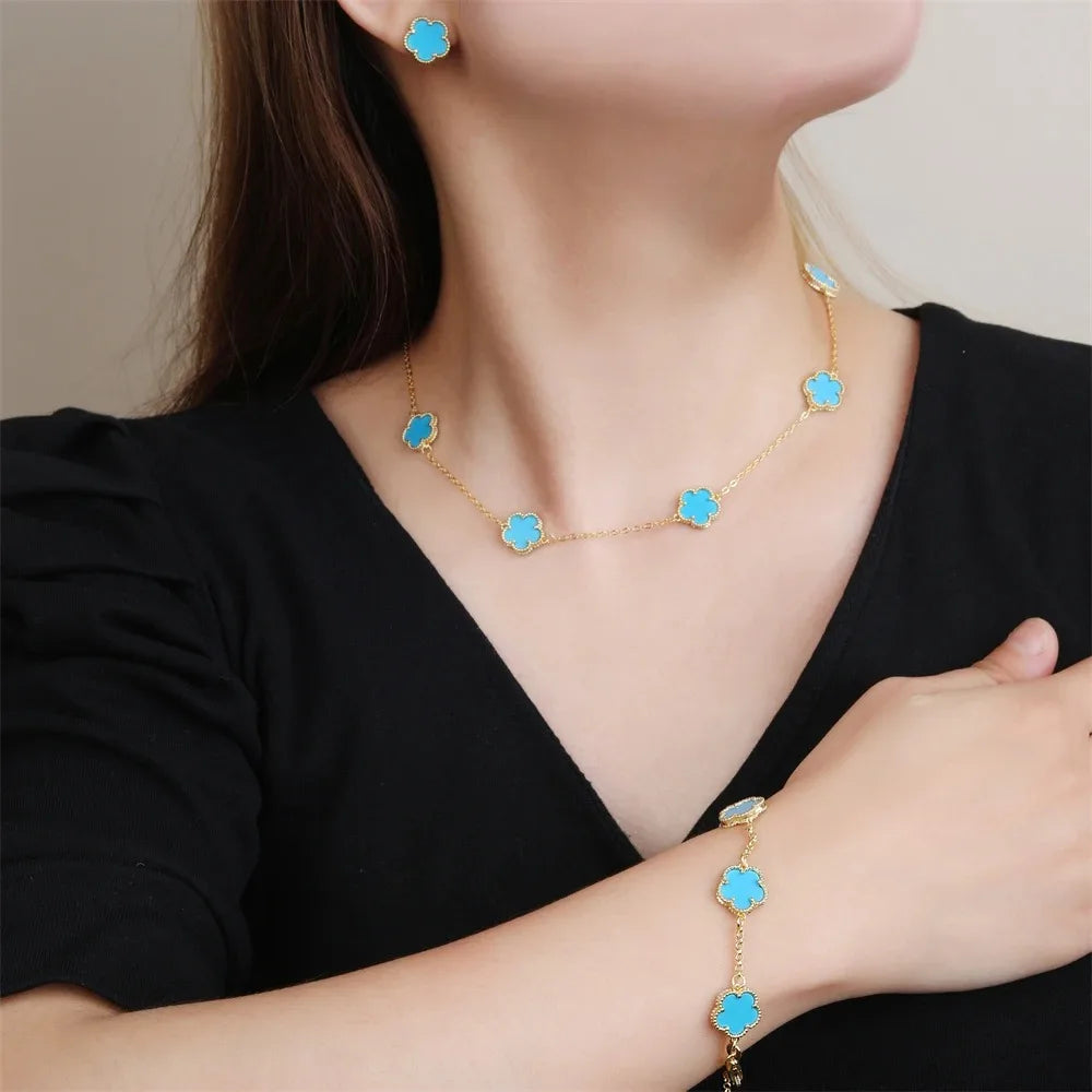 Five-Leaf Flower Jewelry Set – Bracelet & Necklace for Women