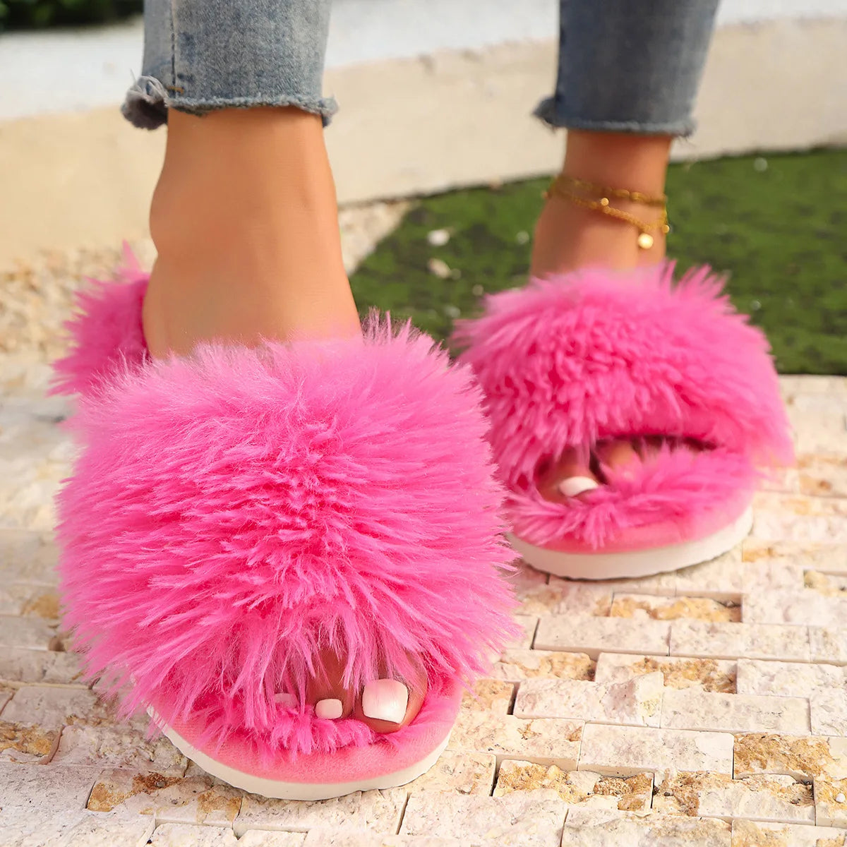 Cross Band Fluffy Fur Slippers – Cozy Open Toe Indoor Shoes for Women