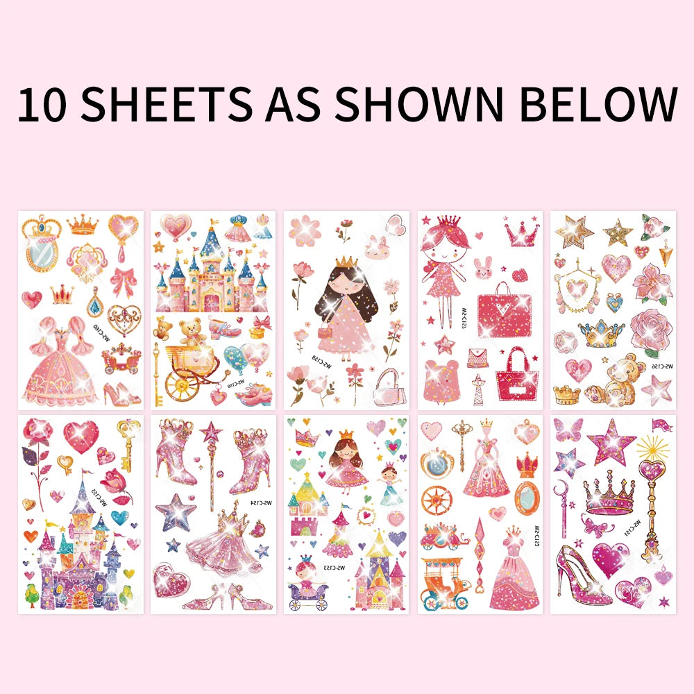 Glitter Princess Temporary Tattoos – 10 Sheets, Cartoon Castle & Fairy Stickers