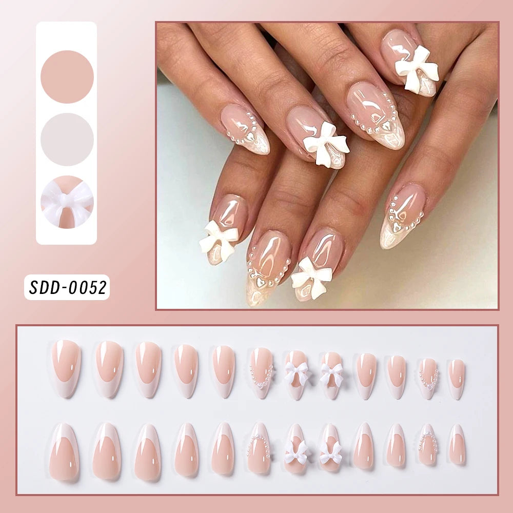 24PCS Pearl Bow Press-On Nails – Nude Pink, White French Almond, Full Cover, Includes Tools