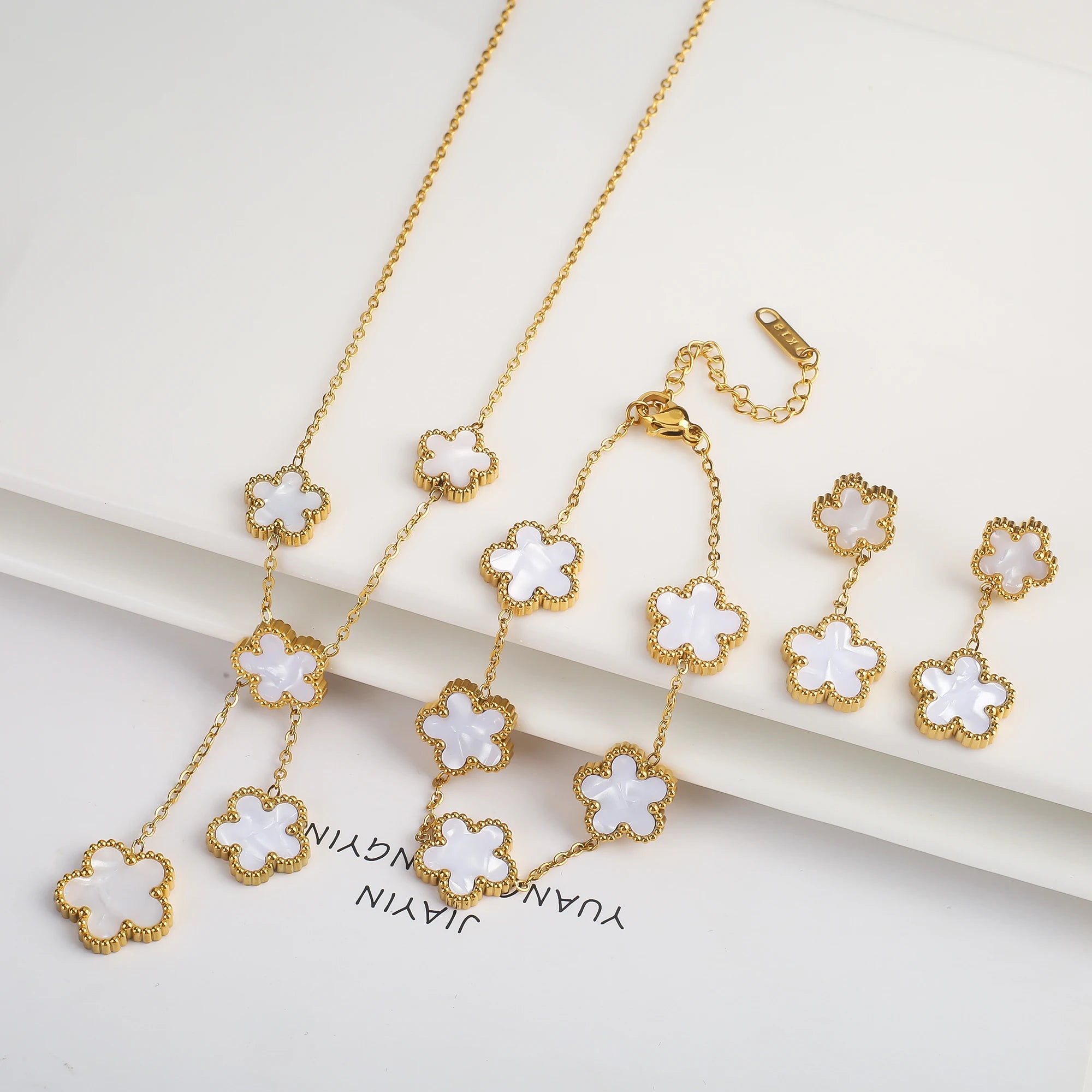 Clover Five Leaf Flower Stainless Steel Jewelry Set
Luxury Bracelet, Necklace & Earrings for Women