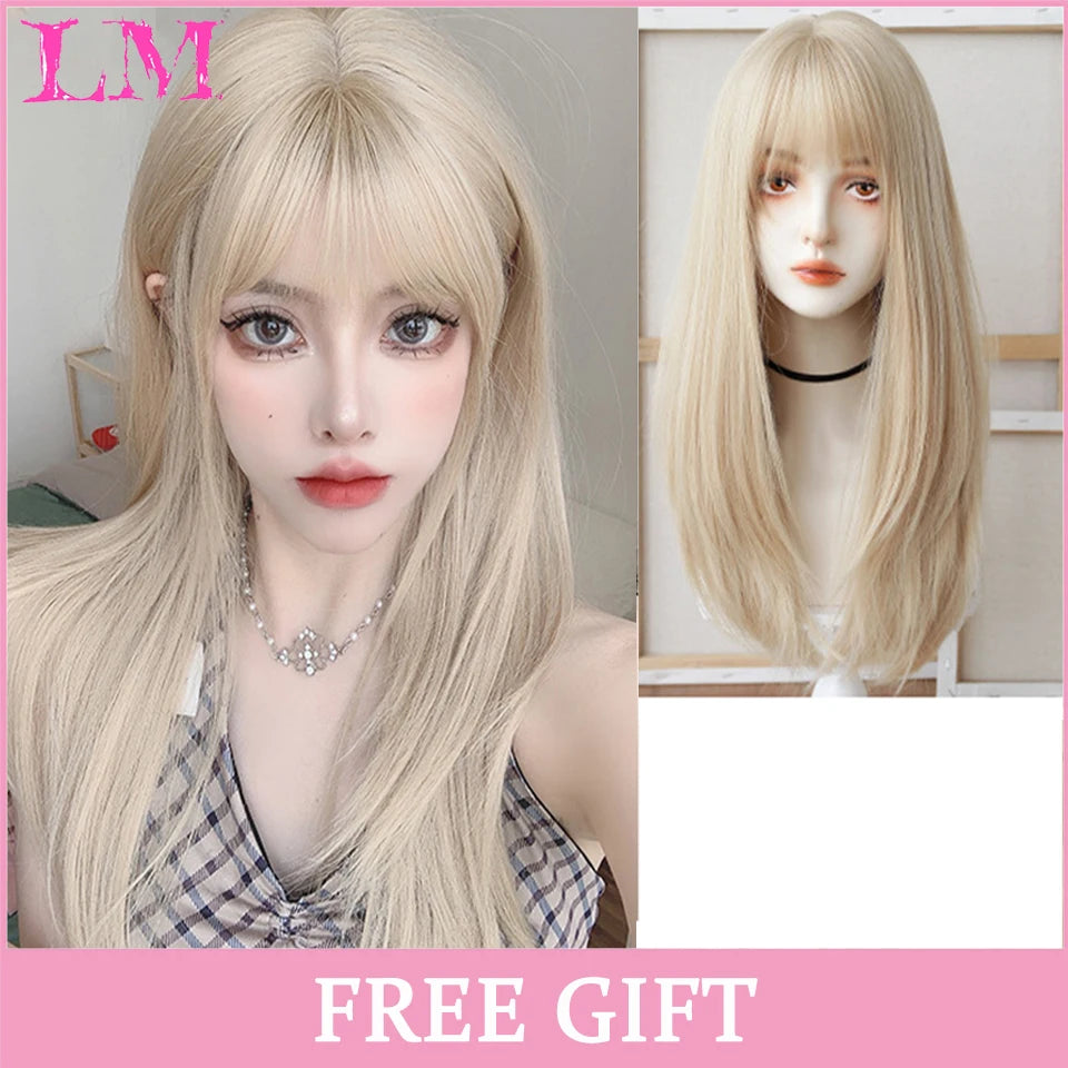 LM Cosplay Wig – 24" Long, Straight Pink, Bangs, Heat-Resistant