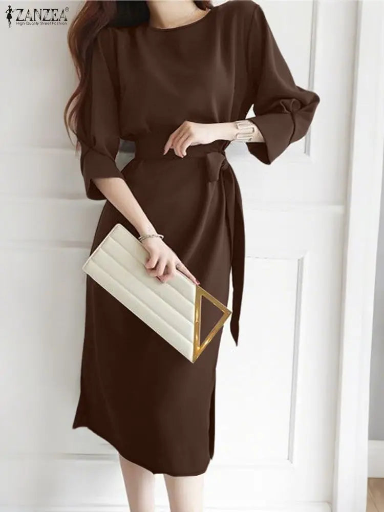 ZANZEA Women’s Autumn Belted Midi Dress