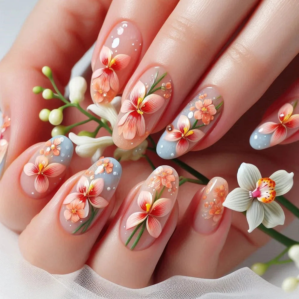 24pcs Matte Almond Press-On Nails with Rose Leaf Design