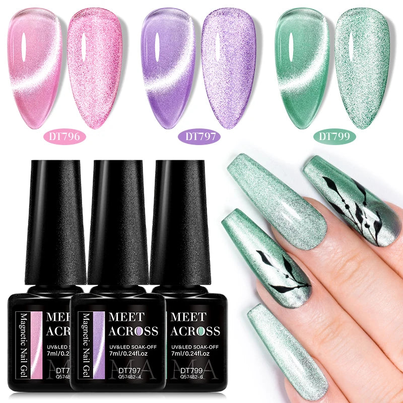 MEET ACROSS 7PCS Cat Magnetic Gel Nail Kit – Semi-Transparent Blue, Sparkling, UV Soak-Off