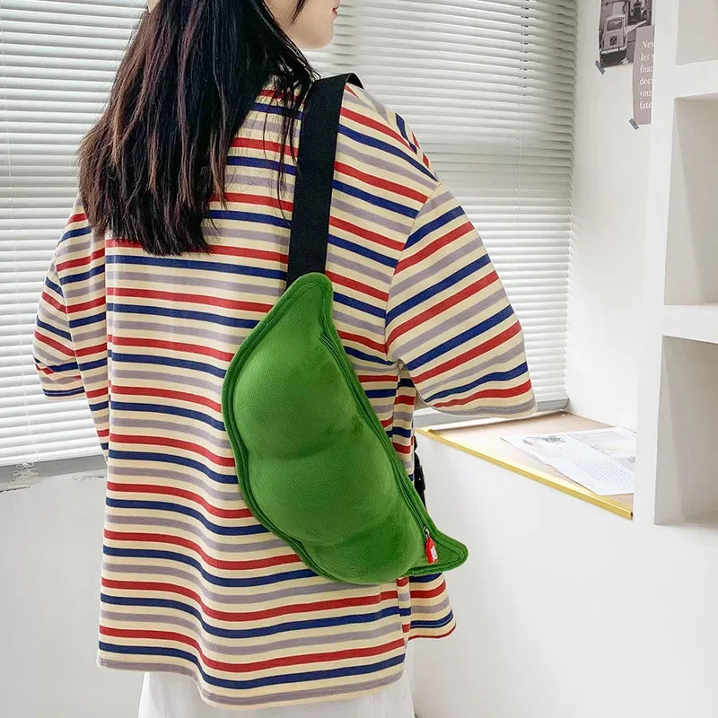 Edamame Pea Plush Shoulder Bag – Fun Creative Women’s Messenger Bag
