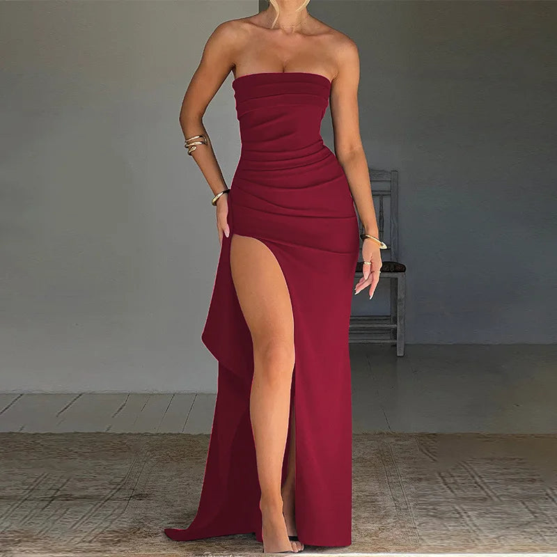 Women’s Summer Strapless High-Slit Evening Dress