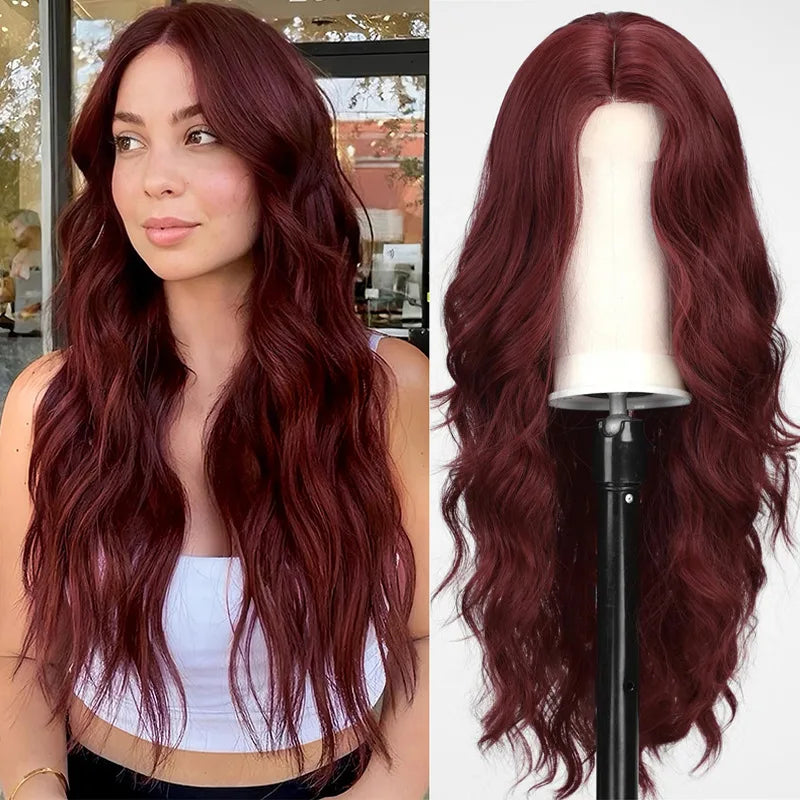 Red Synthetic Wig – Long Wavy, Natural Hairline, Heat-Resistant, Daily/Party/Cosplay