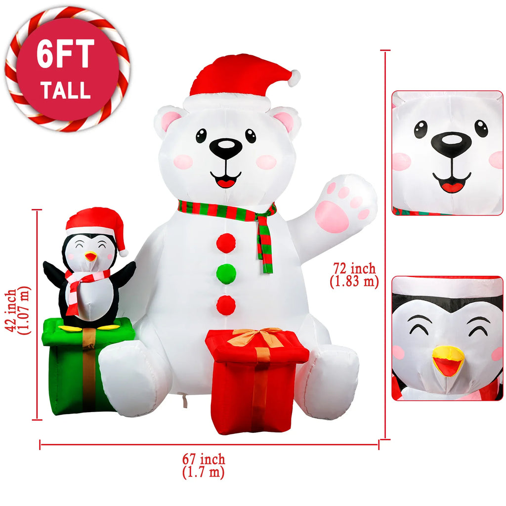 🎄 6FT Polar Bear & Penguin LED Inflatable – Noël Outdoor Decor