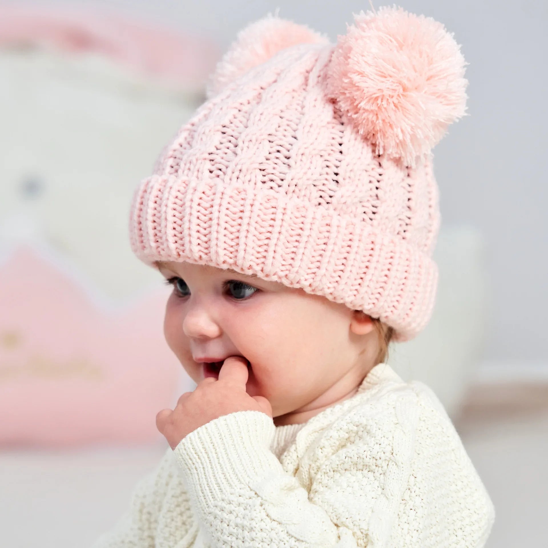 Baby Girl Beanie – Knit, Pompom, Warm, Autumn/Winter, Toddler Hat
