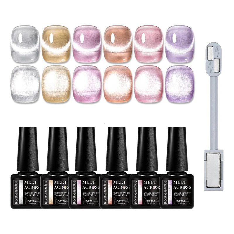 MEET ACROSS 7PCS Cat Magnetic Gel Nail Kit – Semi-Transparent Blue, Sparkling, UV Soak-Off