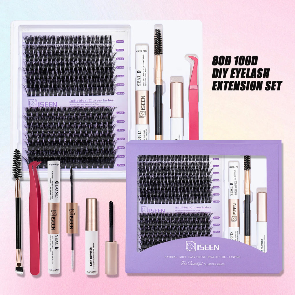 ISEEN DIY Lash Extension Kit – Mixed Styles, Clusters, Includes Bond & Seal, Tweezers & Brush