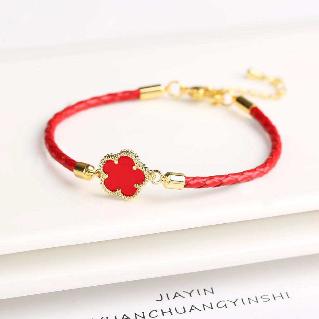 Genuine Leather Five-Leaf Flower Charm Bracelet – Women’s Fashion