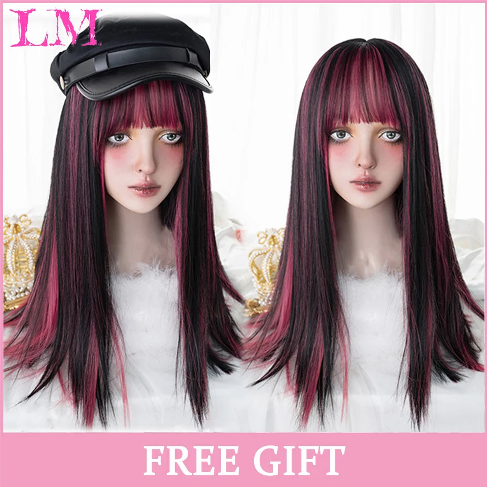 LM Cosplay Wig – 24" Long, Straight Pink, Bangs, Heat-Resistant