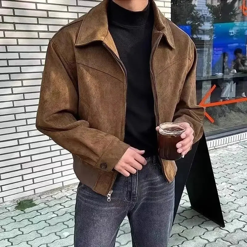 Men's Vintage Leather Jacket – Chamois, Brown Coffee, Cropped Lapel, Autumn/Winter, American Style