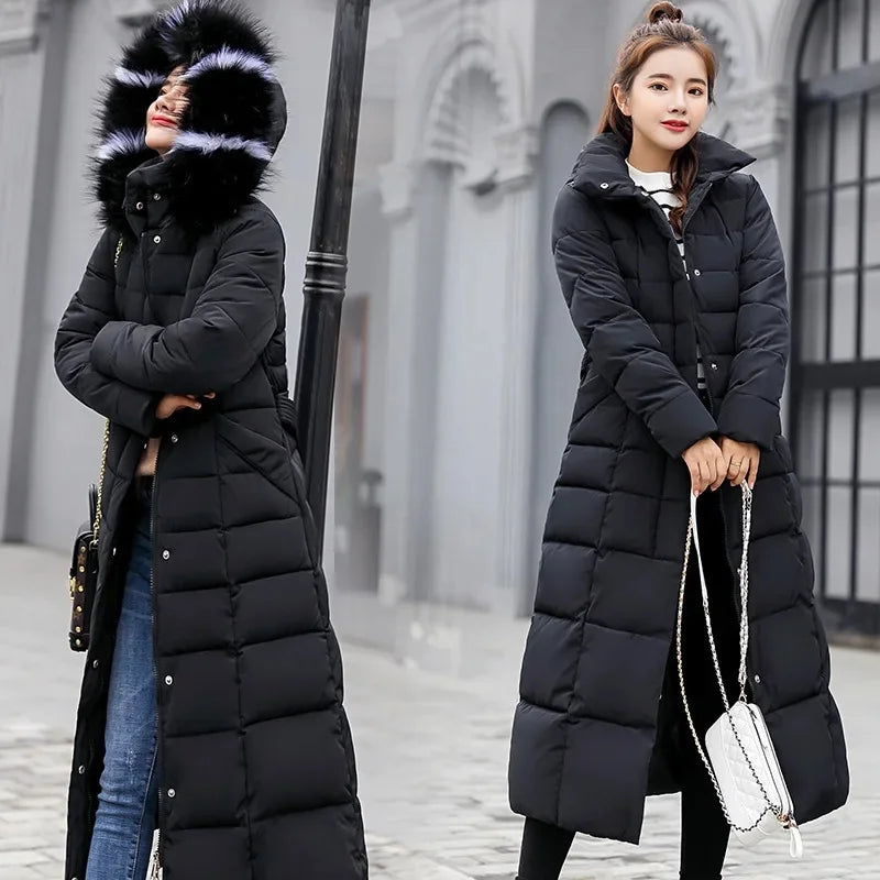 Veste Femme Coréenne Épaissie – Longue, Col Fourrure, Slim, Capuche, Coton Hiver